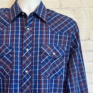 Wrangler Shirt Mens Size M Blue Plaid Western Pearl Snap Long Sleeve Cowboy